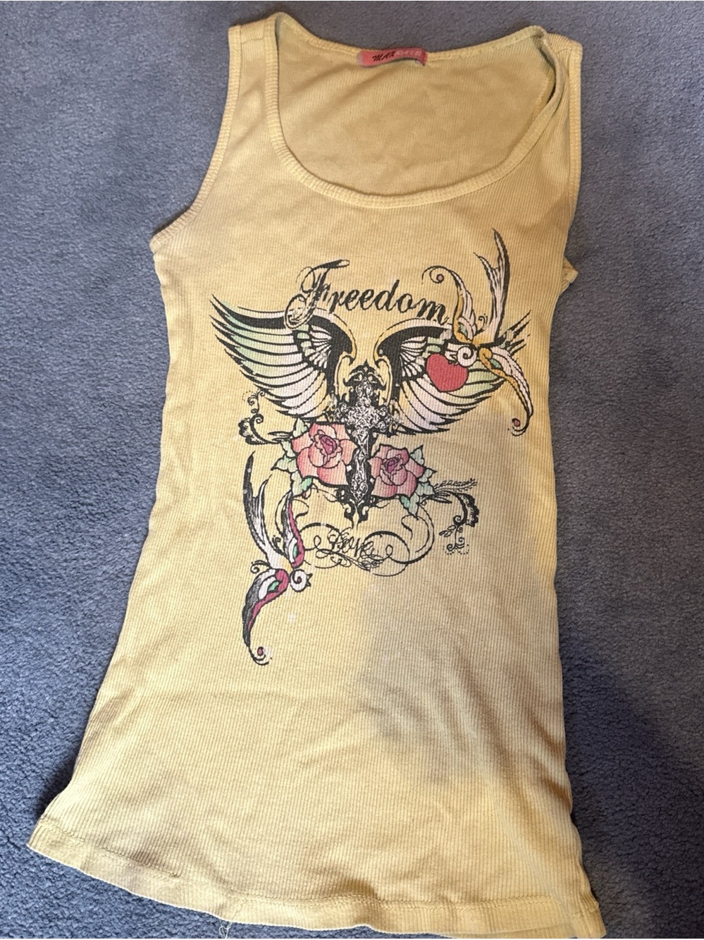 Max Jeans Yellow Graphic 'Freedom' Ribbed Tank